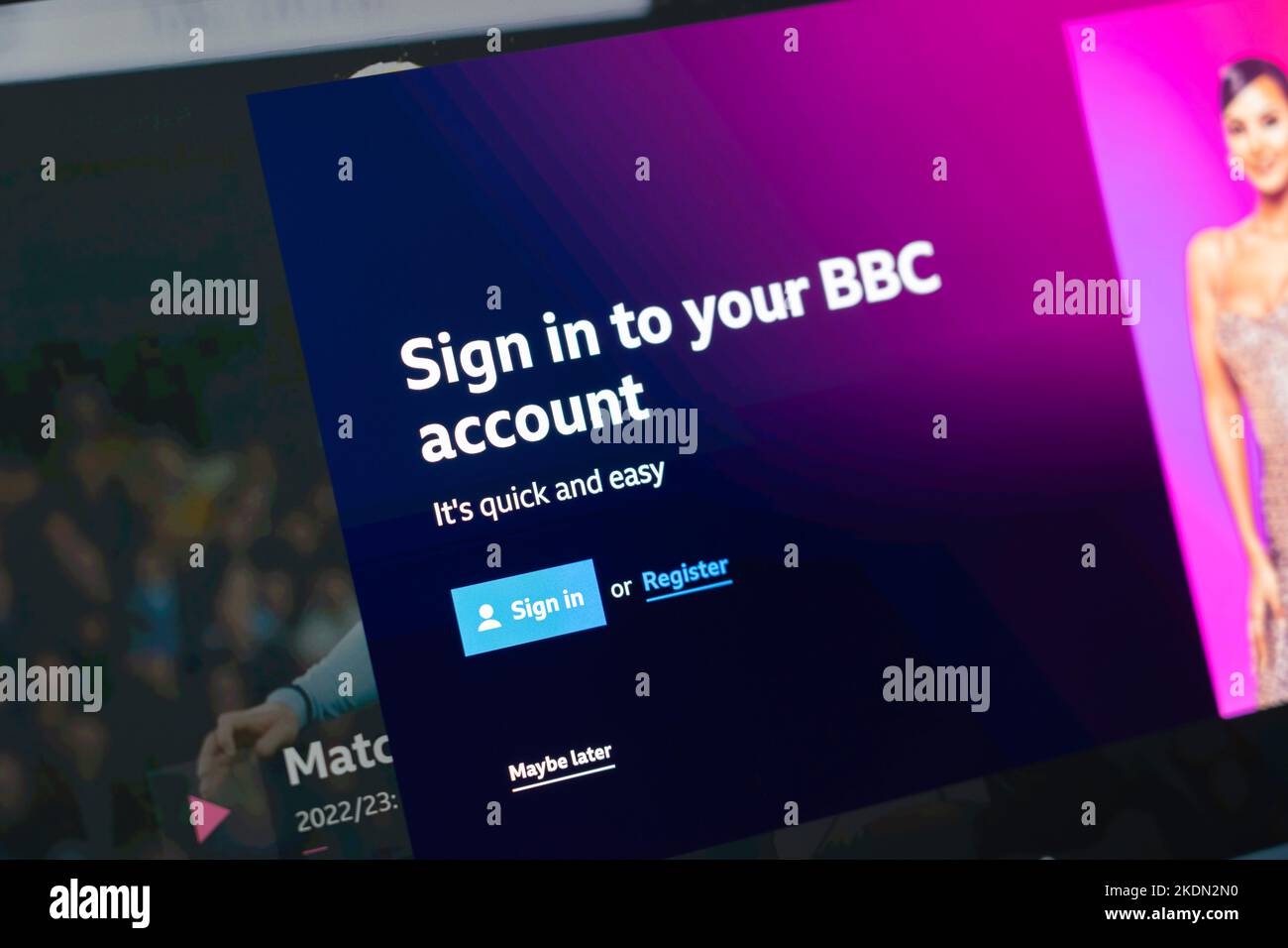 The sign in page for BBC iPlayer and a personal BBC account on a laptop screen, requiring confirmation of holding a valid tv license Stock Photo