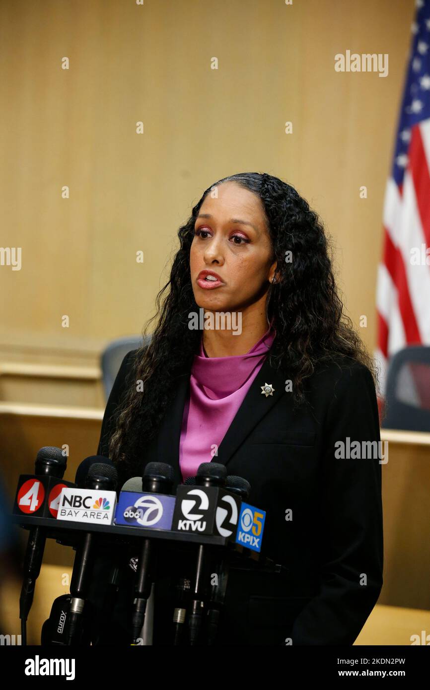 San Francisco, California, USA. 1st Nov, 2022. Brooke Jenkins, San Francisco District Attorney, speak to the media at the San Francisco Superior Court after the arrangement for David DePape, who is charged with beating House Speaker Nancy Pelosi's husband Paul Pelosi in their San Francisco home. (Credit Image: © David G. McIntyre/ZUMA Press Wire) Stock Photo