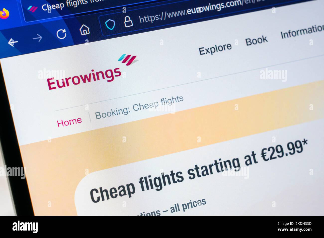 Flight booking page for Eurowings GmbH - a German low-cost carrier headquartered in Düsseldorf and a wholly owned subsidiary of the Lufthansa Group Stock Photo