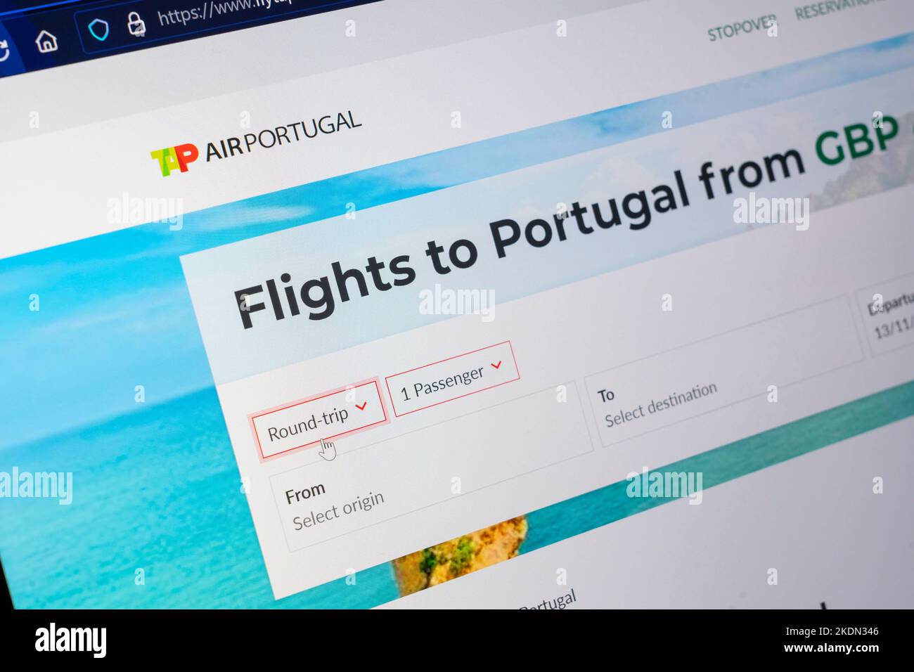 The flight booking page for TAP Air Portugal - the state-owned flag carrier airline of Portugal, headquartered at Lisbon Airport Stock Photo