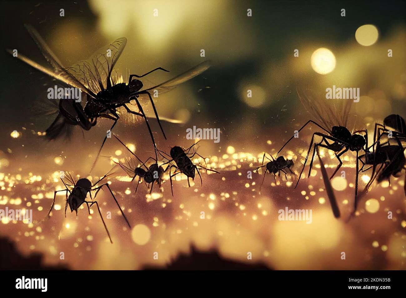 Group of mosquitoes flies through city lights at night. Scenario where