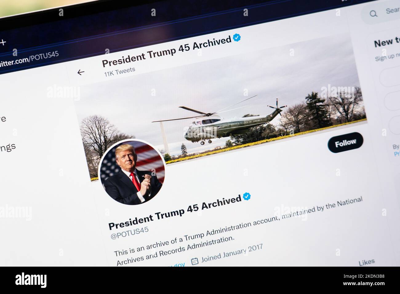 The archived twitter profile page of the 45th president of the United States of America, Donald Trump. Twitter banned Trump for incitement of violence Stock Photo