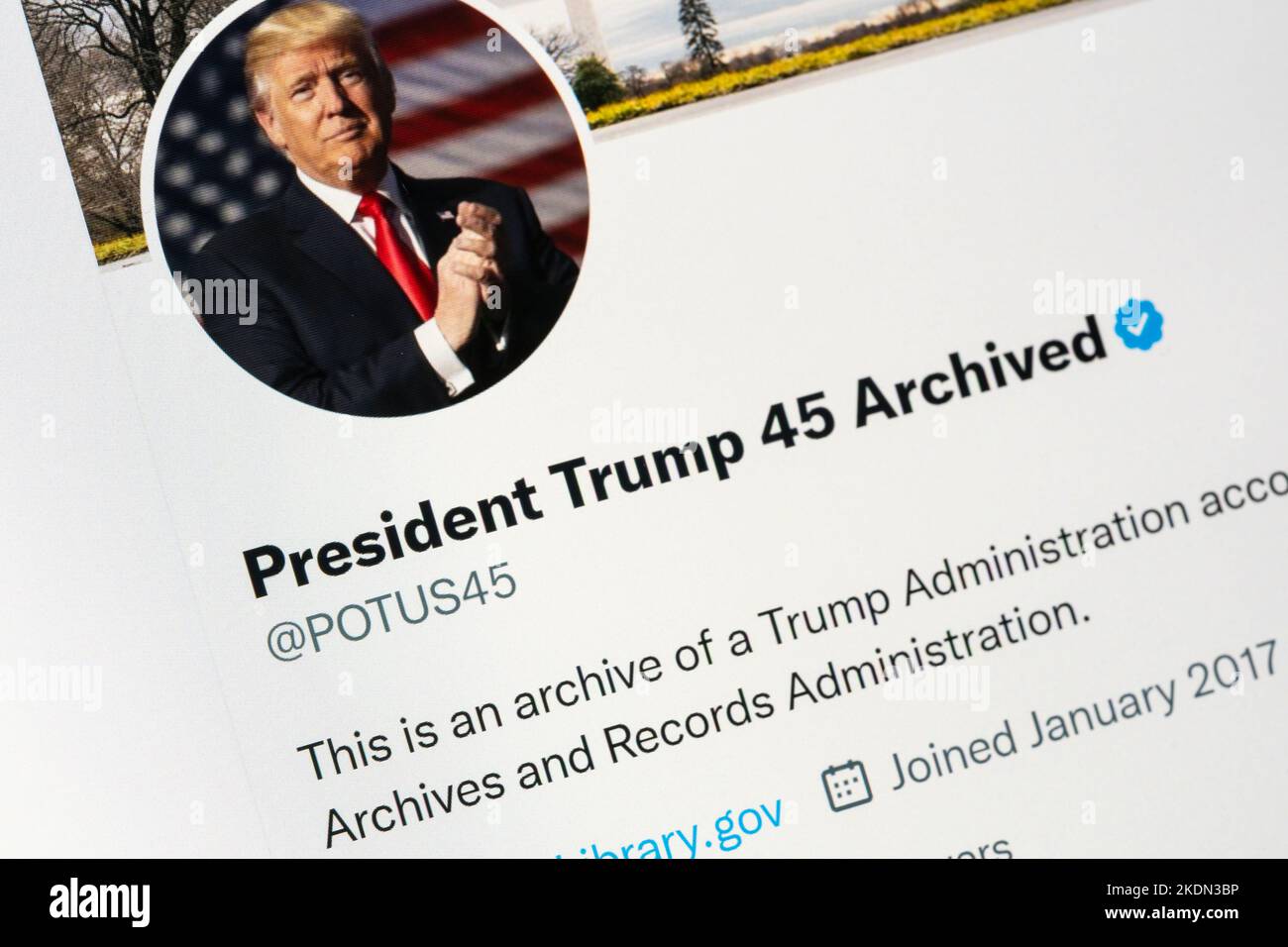 The archived twitter profile page of the 45th president of the United States of America, Donald Trump. Twitter banned Trump for incitement of violence Stock Photo
