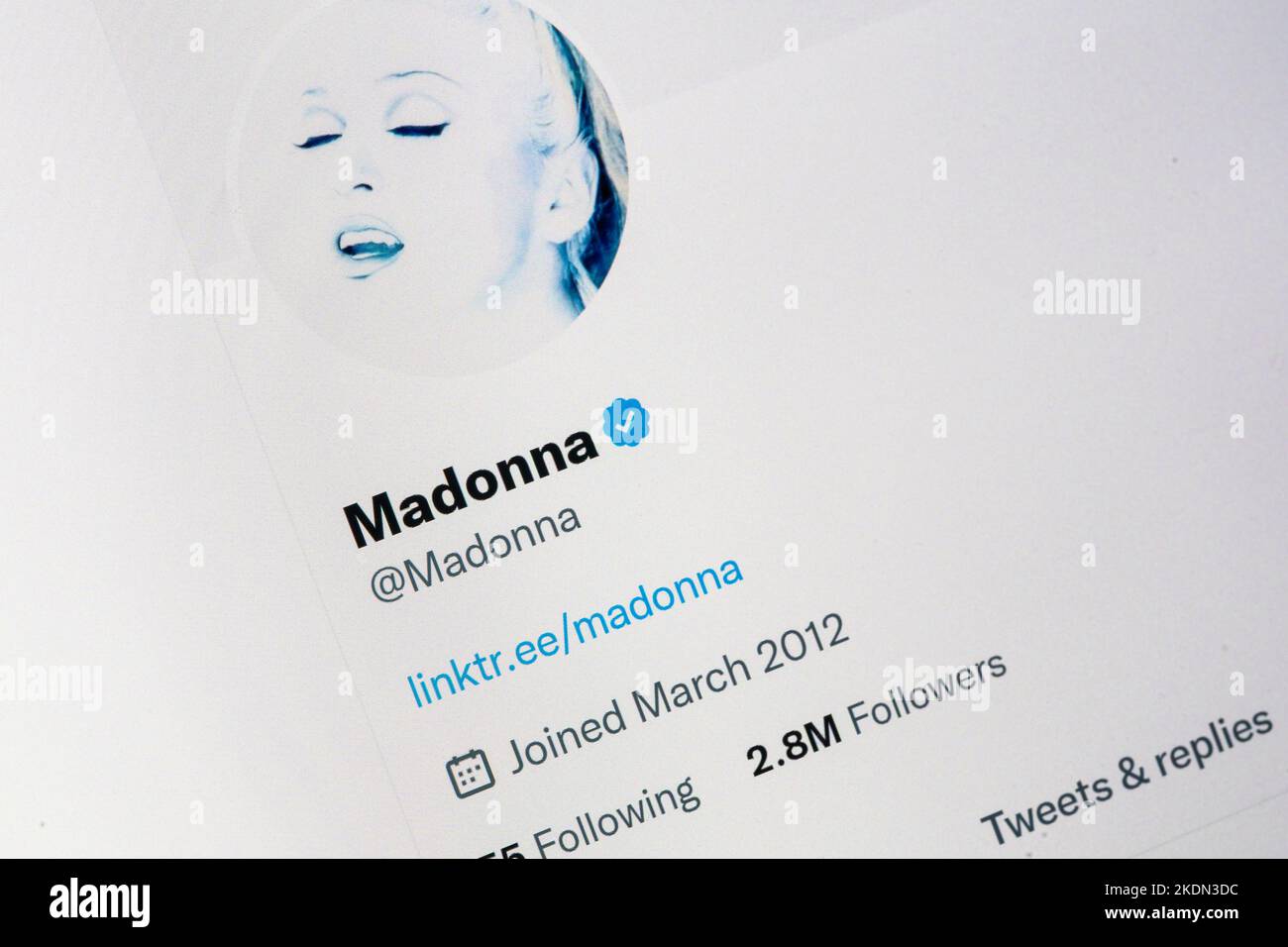 Verified blue tick Twitter profile page for Madonna Louise Ciccone is an American singer, songwriter, and actress. Referred to as the Queen of Pop. Stock Photo