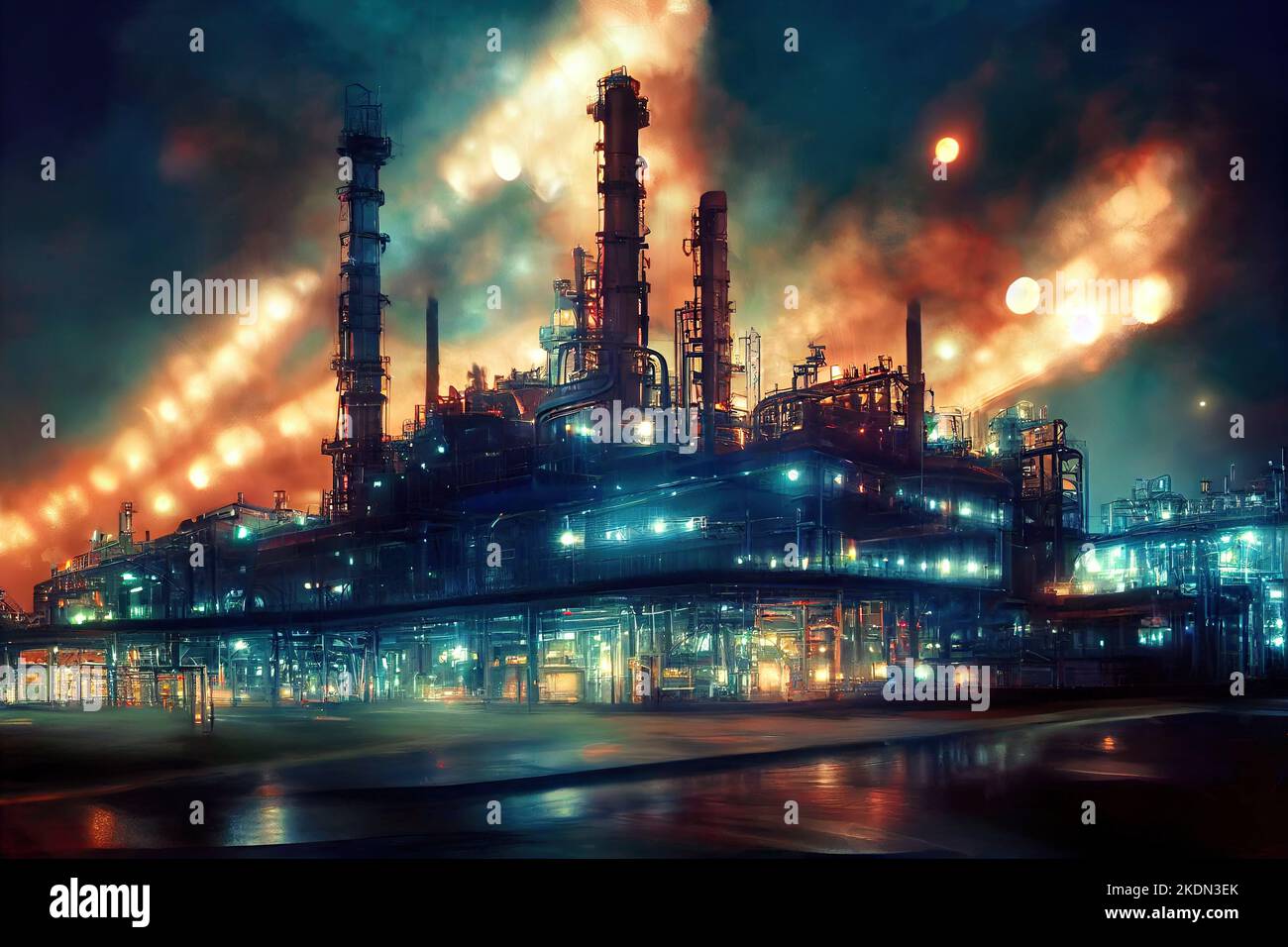 A brightly lit chemical factory is pictured at night, with colourful neon lights. The