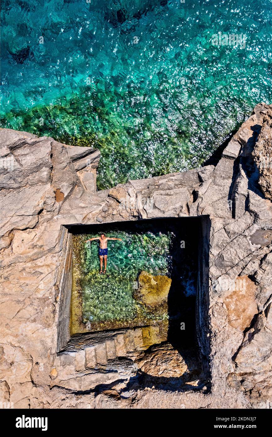 Aerial (drone) top down view of an ancient fish tank at Kakia Skala, close to Ferma village, Ierapetra Municipality, Crete island, Greece. Stock Photo