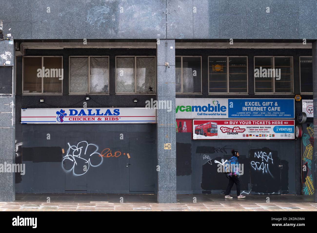 A closed down and boarded up fast food restaurant, York Road, Waterloo, London, UK. 26 Sept 2022