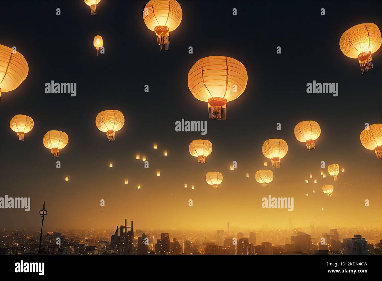 Chinese lanterns in the night sky at the Lantern Festival at Chinese