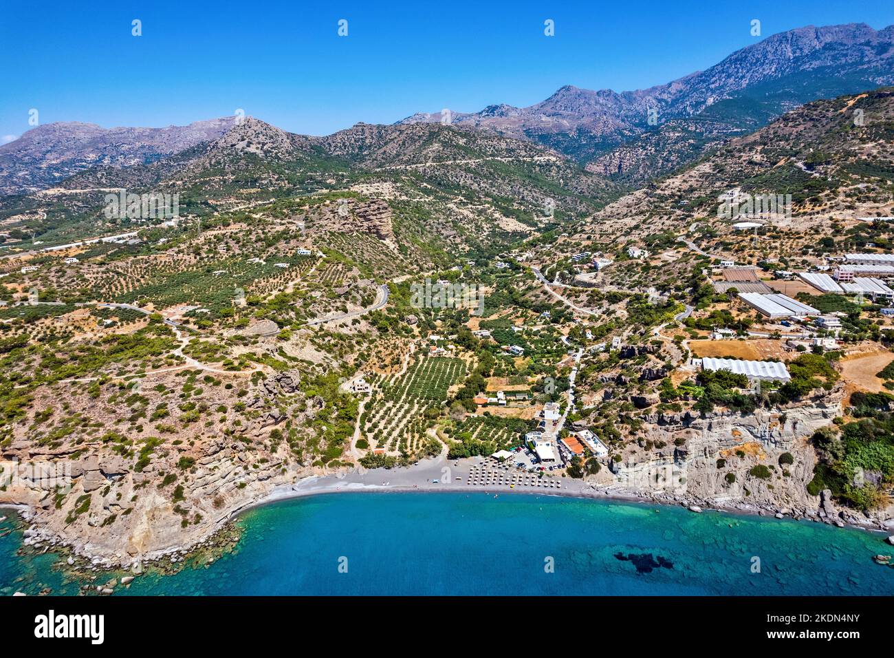 Panoramic, aerial (drone) view of Agia Fotia beach, Ierapetra, Lassithi, Crete island, Greece. Stock Photo