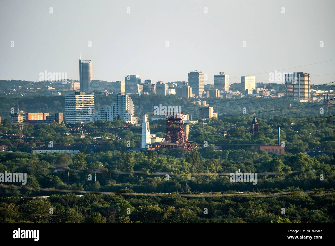 View over the central Ruhr area, from the north over Gelsenkirchen, with the former Consolidation mine to the high-rise buildings of the city centre o Stock Photo