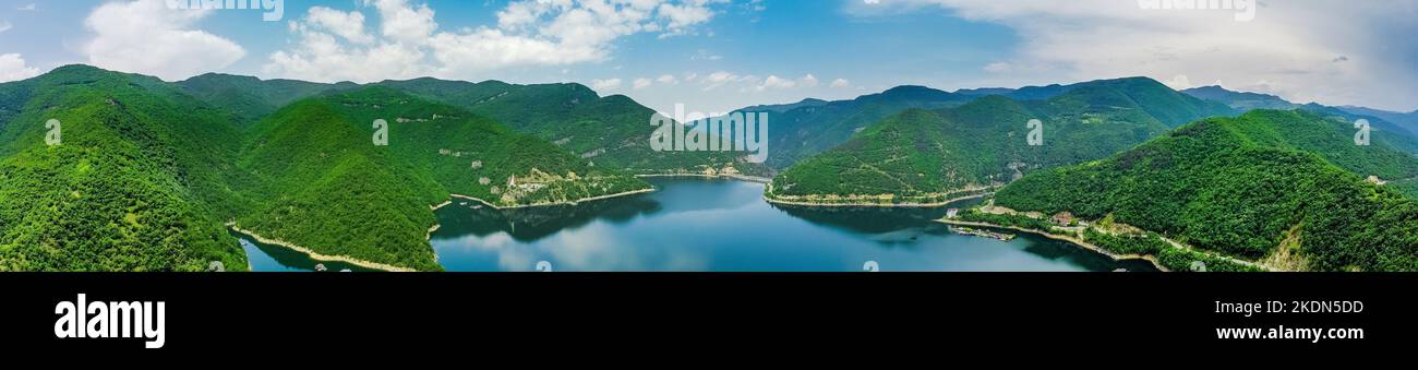 Aerial view of green mountains and river , view from above Stock Photo ...