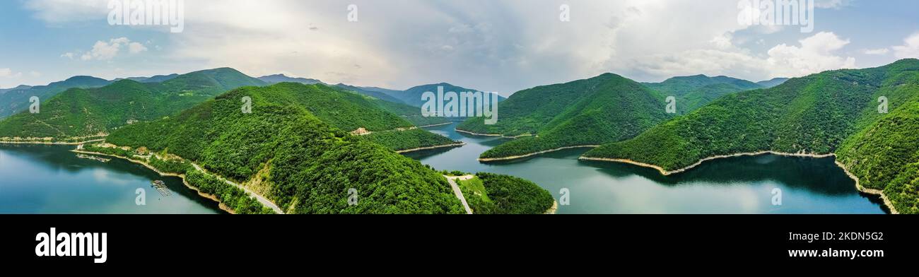 Aerial view of green mountains and river , view from above Stock Photo ...