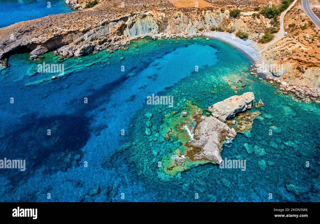 Aerial (drone) view of Anaskelou beach at Kalo Nero village, Sitia municipality, Lassithi, Southern Crete, Greece. Stock Photo