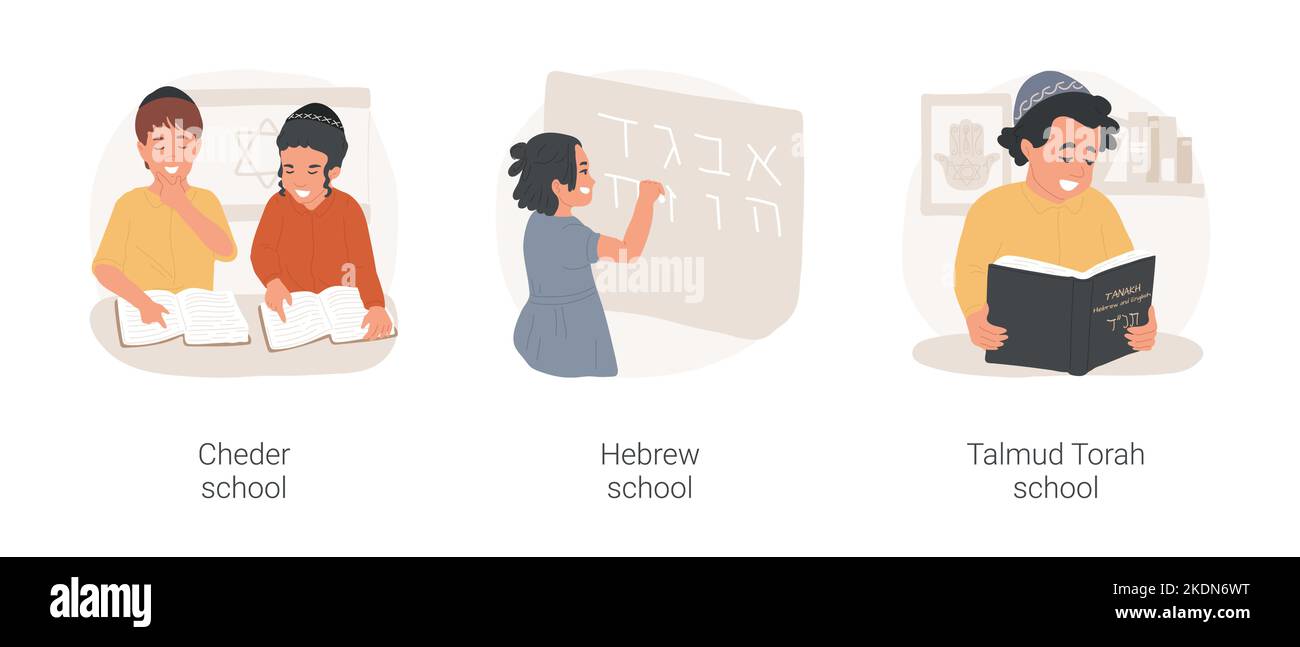 Jewish religious education isolated cartoon vector illustration set. Traditional Cheder elementary school, kid writing Hebrew letters, Talmud Torah texts, Judaism school program vector cartoon. Stock Vector