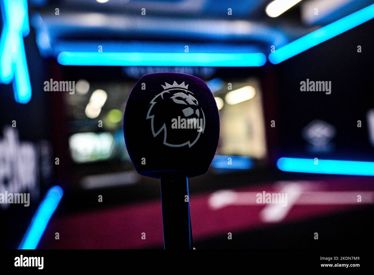 LONDON, ENGLAND - NOVEMBER 06: A details of TV microphone with Primer league logo during the Premier League match between West Ham United and Crystal Stock Photo