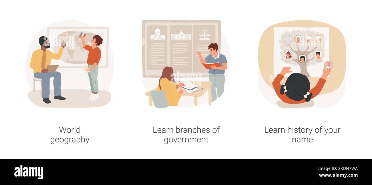 Social studies curriculum isolated cartoon vector illustration set