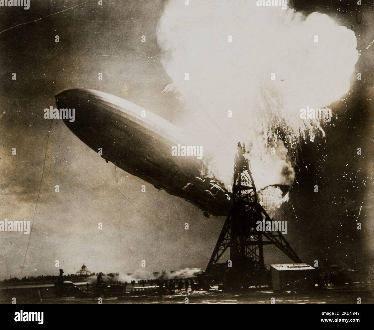 The Zeppelin LZ 129 Hindenburg catching fire on May 6, 1937 at