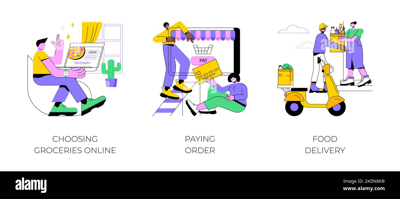 Buying groceries online isolated cartoon vector illustrations set