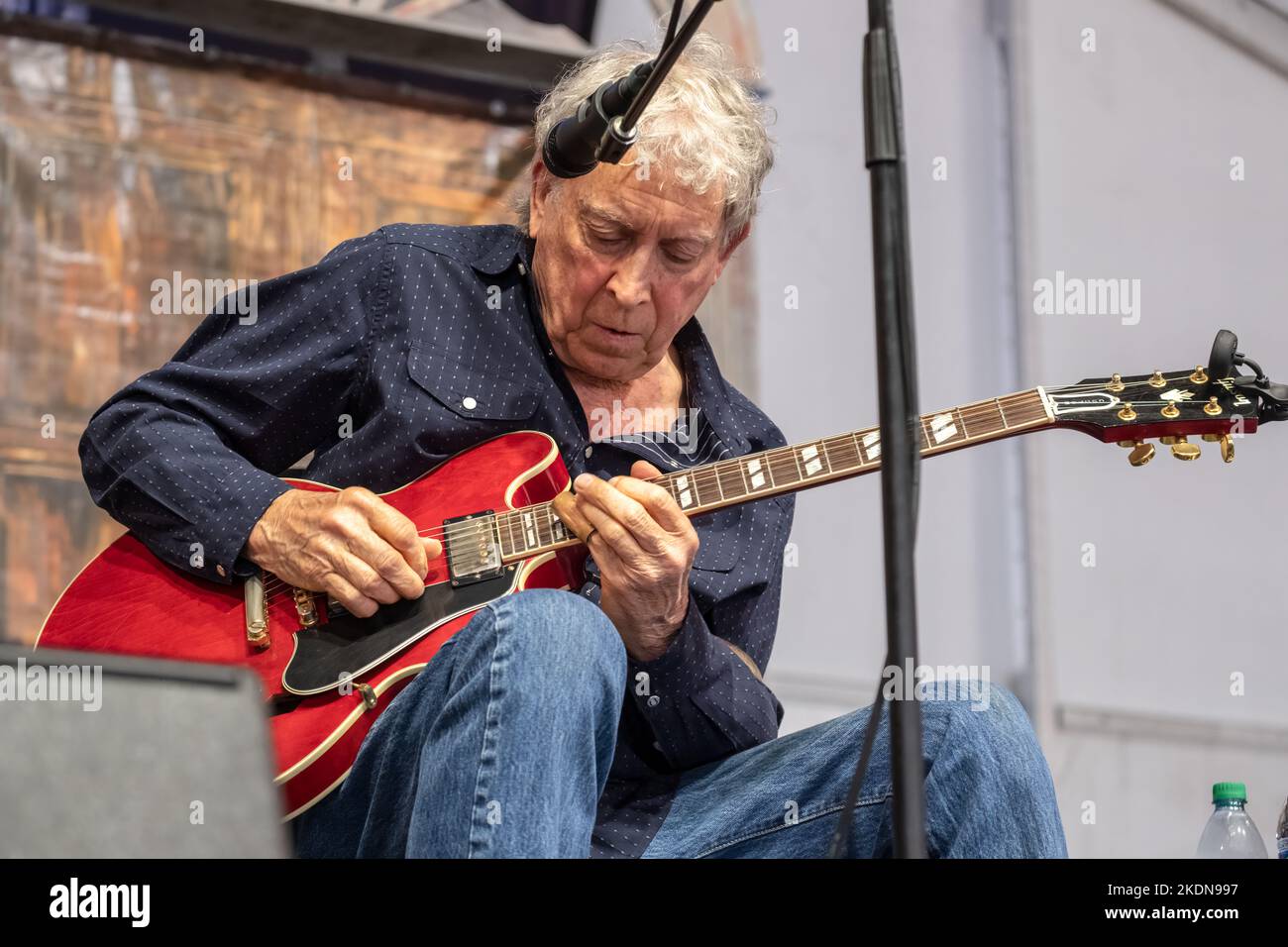 NEW ORLEANS, LA, USA - MAY 4, 2019: Elvin Bishop plays guitar at the Blues Tent at the 2019 New Orleans Jazz and Heritage Festival Stock Photo