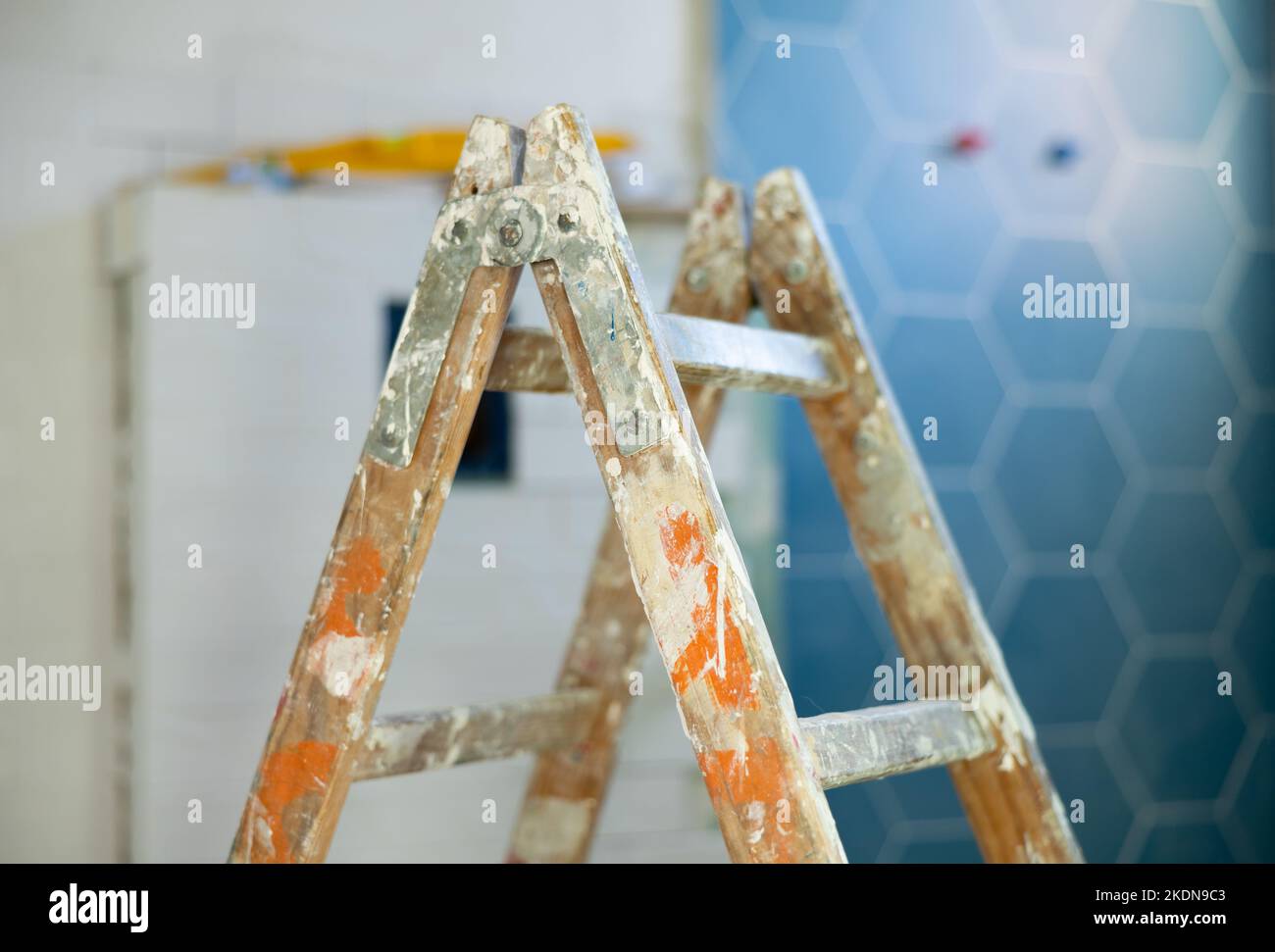 Stepladder in empty bathroom during improvement works Stock Photo