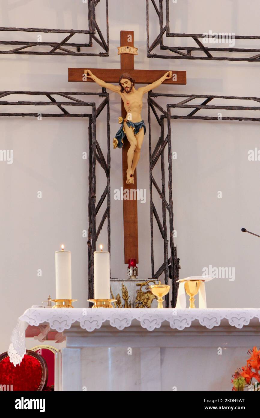 The cross in the Roman Catholic Church of St Elijah in Tihaljina, Bosnia and Herzegovina. Stock Photo