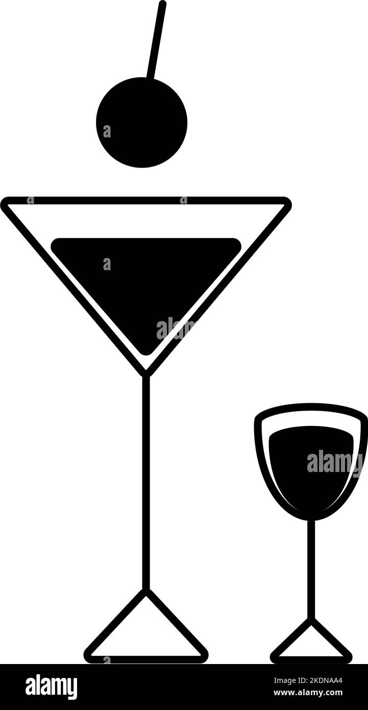 Black and white image of two glasses for cocktails and alcoholic drinks. Sticker. Icon. Isolate. Signpost for services and businesses, cafe, bar and restaurant. Good for poster, label. Vector. EPS Stock Vector