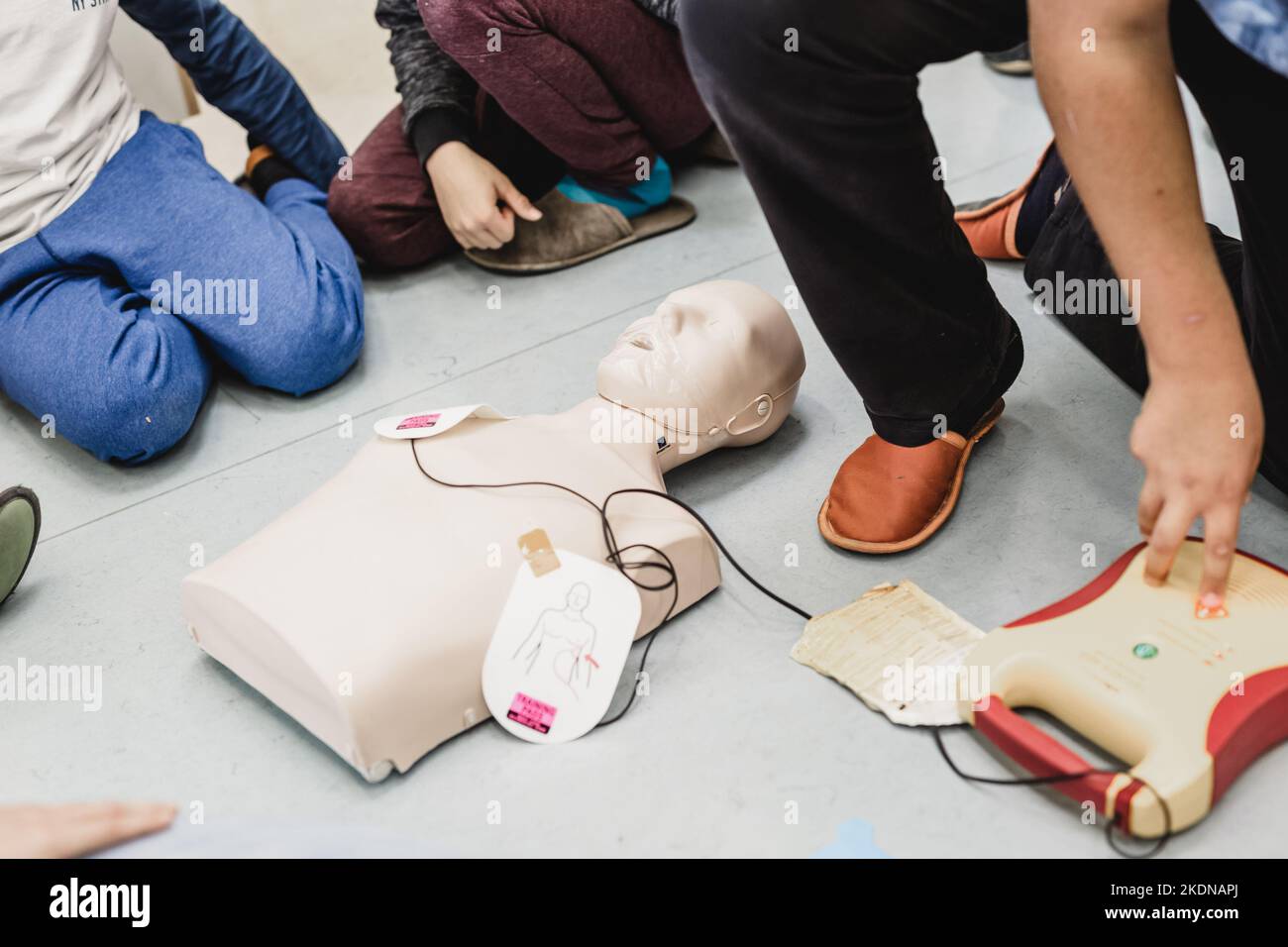 First aid cardiopulmonary resuscitation course using automated external defibrillator device, AED. Stock Photo