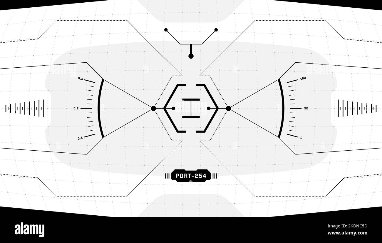 VR HUD digital futuristic interface cyberpunk screen. Sci-fi virtual technology head up display target. GUI UI black and white spaceship cockpit dashboard panel. FUI viewfinder hi tech visor. Vector Stock Vector