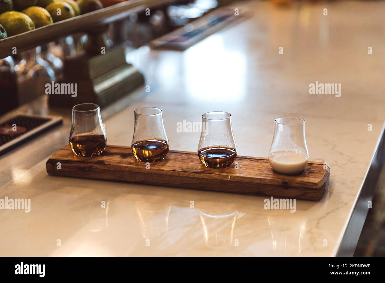 a flight of handcrafted bourbons and bourbon cream Stock Photo