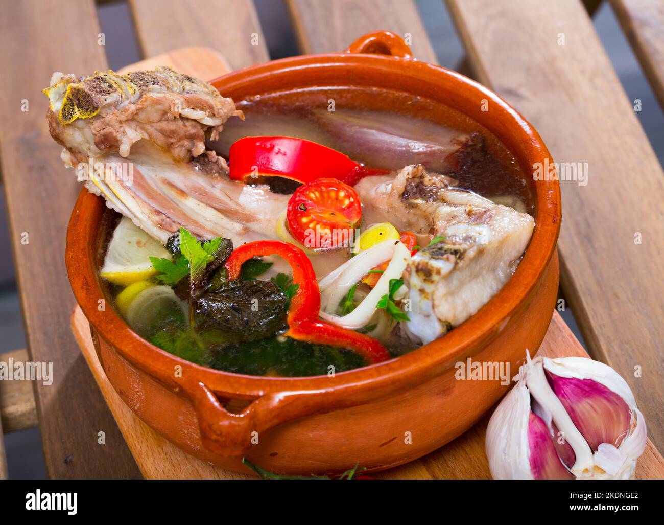 Lamb's soup boiled with lamb, vegetables, greens, onion and lemon Stock