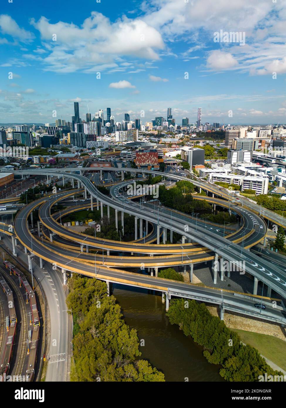 Aerial vertical view of Brisbane city and highway traffic in Australia in daytime Stock Photo