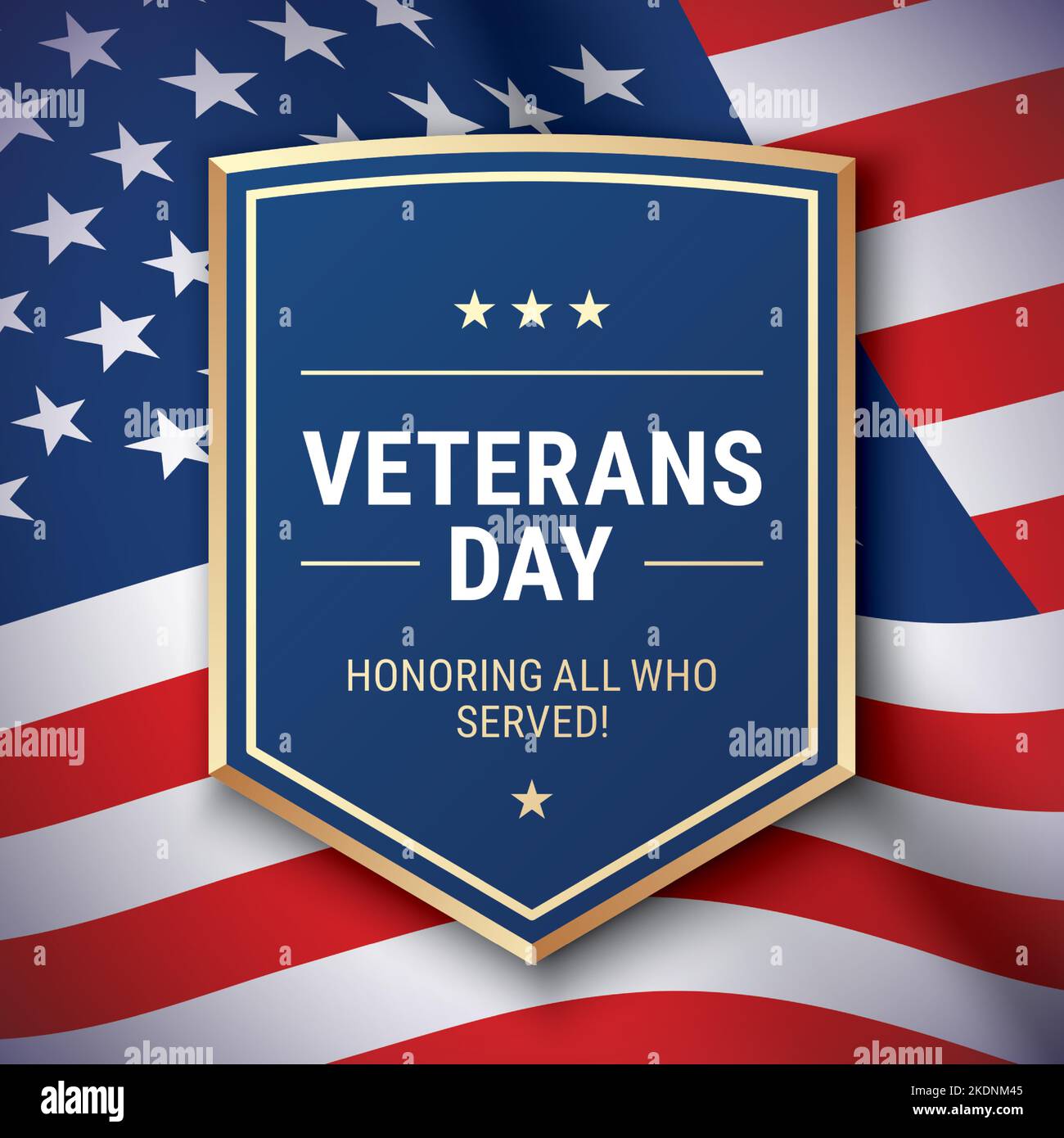 Veterans Day postcard vector design, with greeting text and shield on a waving USA flag background. Stock Vector