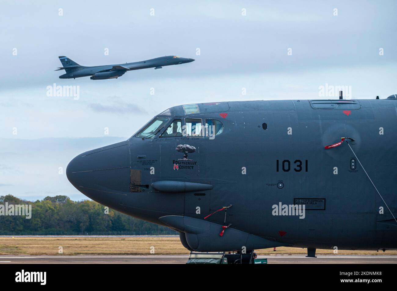 A U.S. Air Force B1B Lancer flies over a B52H Stratofortess November