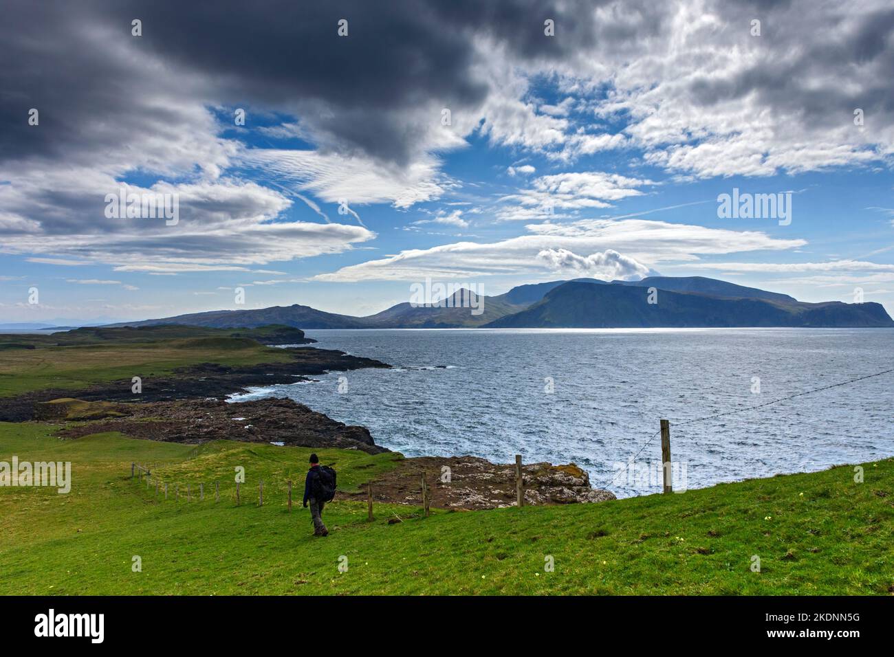The Isle of Rum from Tallabric, the highest point of the Isle of Sanday, Scotland, UK Stock Photo