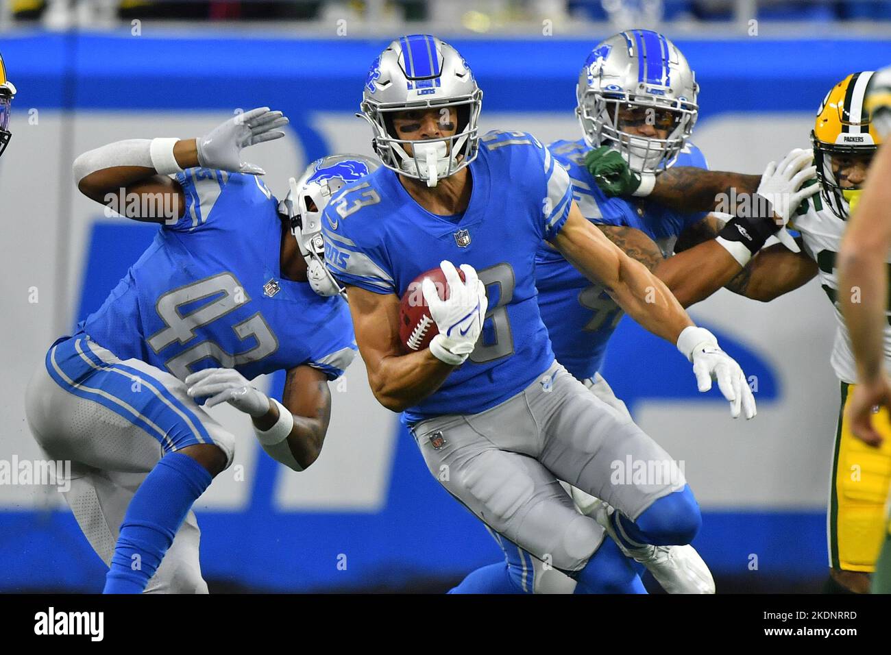 Charlotte, NC, USA. 24th Dec, 2022. Detroit Lions wide receiver Jameson  Williams (9) runs to tight end Shane Zylstra (84) after the touchdown  during the first half of the NFL matchup against