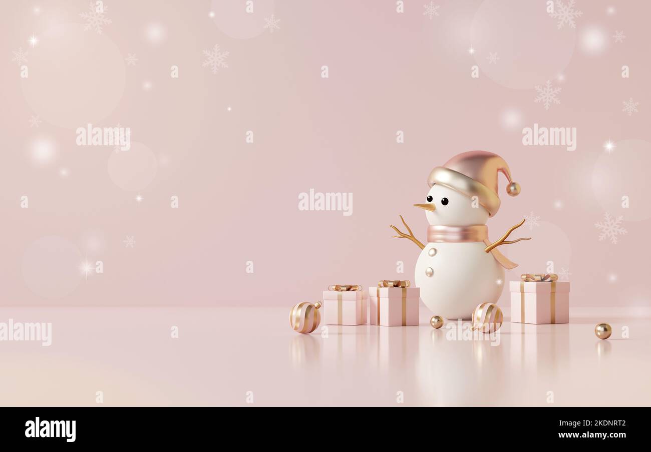 3D rendering pastel pink and gold snowman, gift boxes and baubles with ...