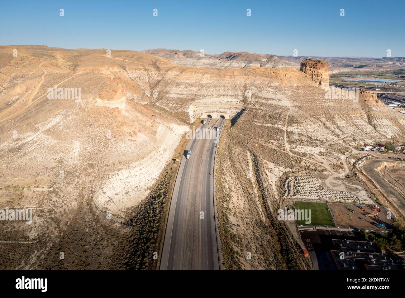 Aerial view of I80 Twin Tunnels in Green River Wyoming next to Pilot