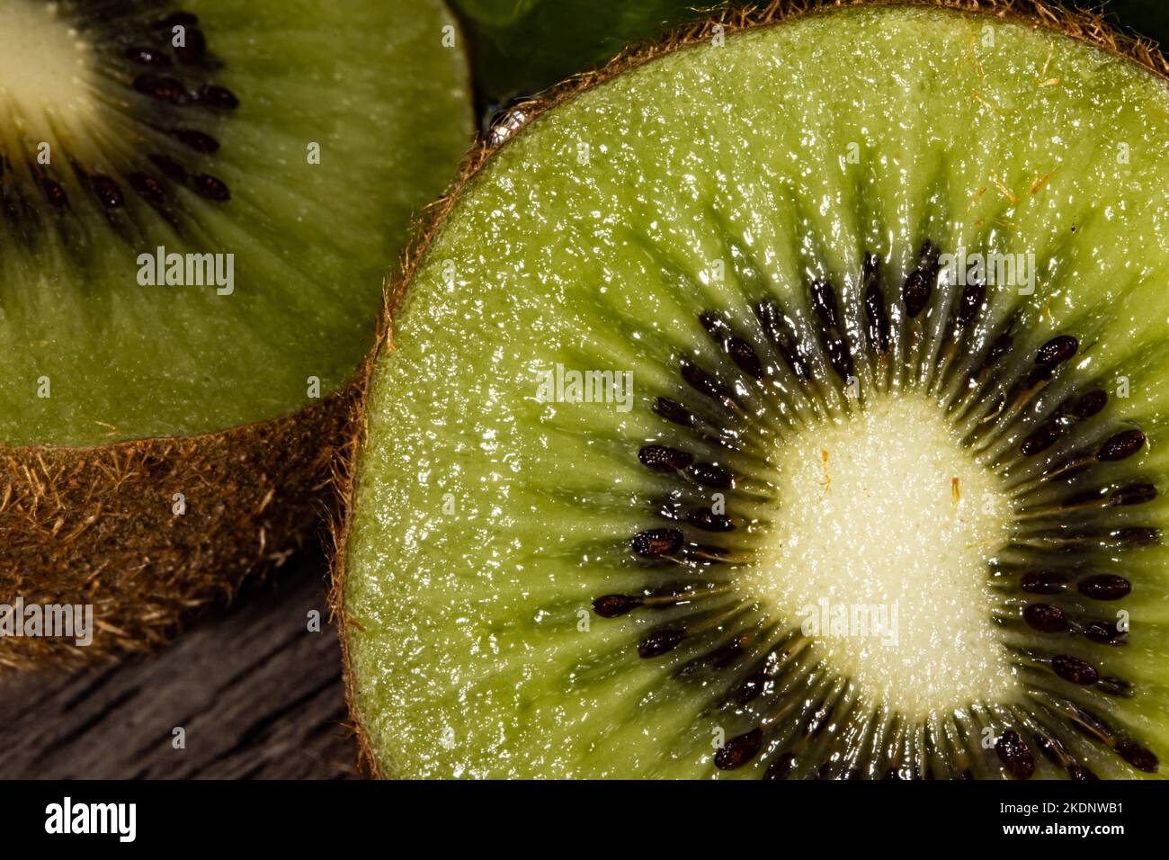 Kiwi cut in half in a closed macro plane where you can see great detail
