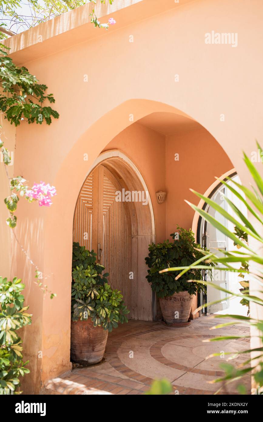 The details of El Gouna architecture, exterior designs, arched doors entrance. Stock Photo