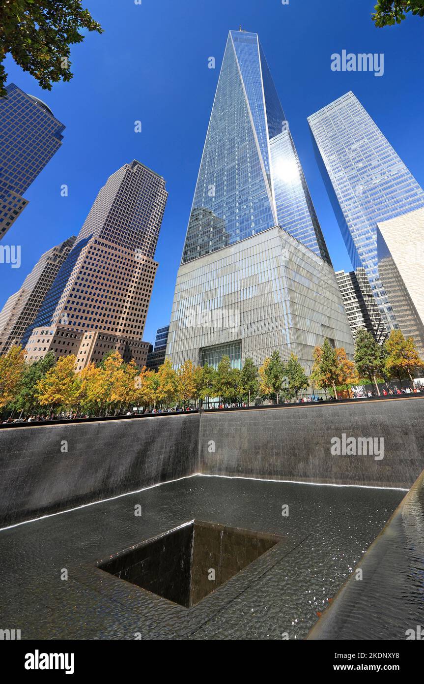 Freedom Tower and Memorial Fountain commemorating the September 11 attacks of 2001, located in lower Manhattan Stock Photo