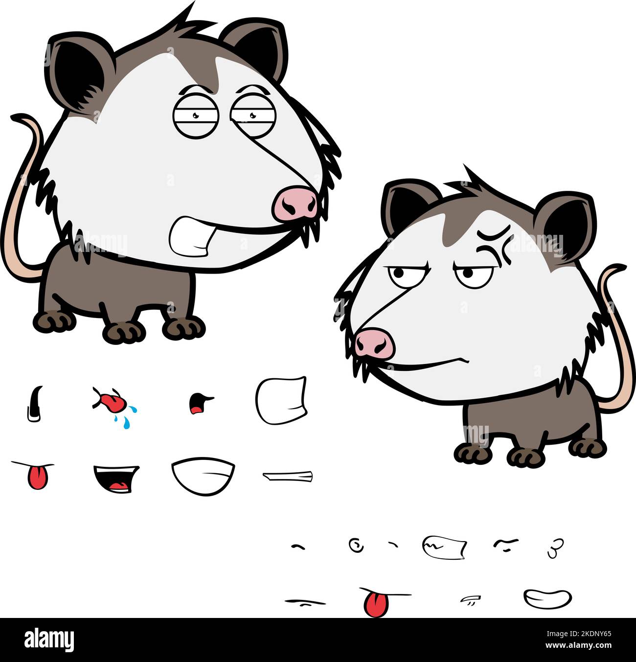angry little opossum character cartoon. kawaii expressions set pack
