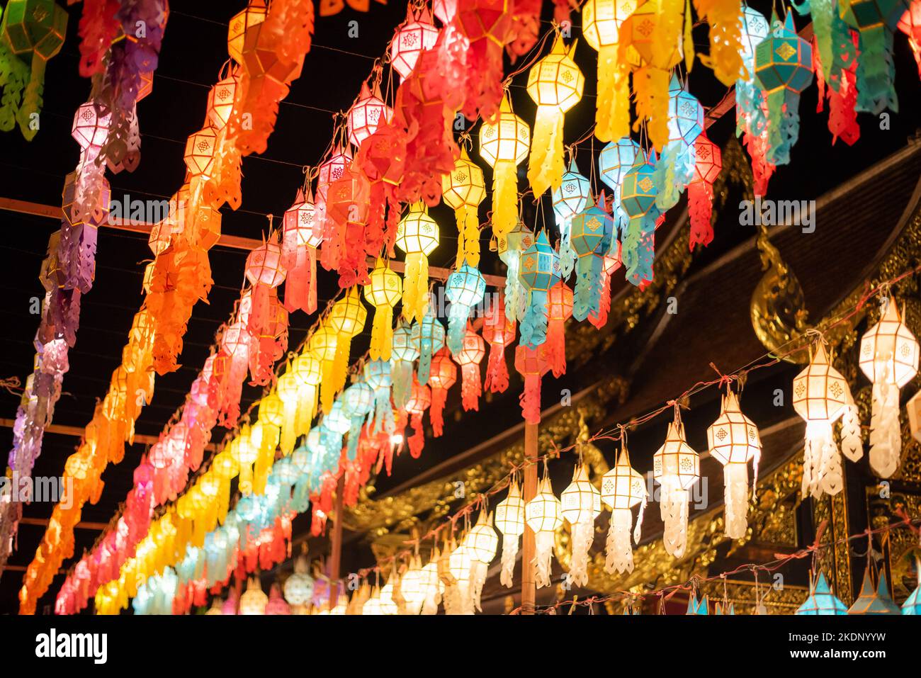 Colorful fire paper lantern decoration in the Buddhist temple in Lantern festival. Chiangmai, Thailand. Stock Photo