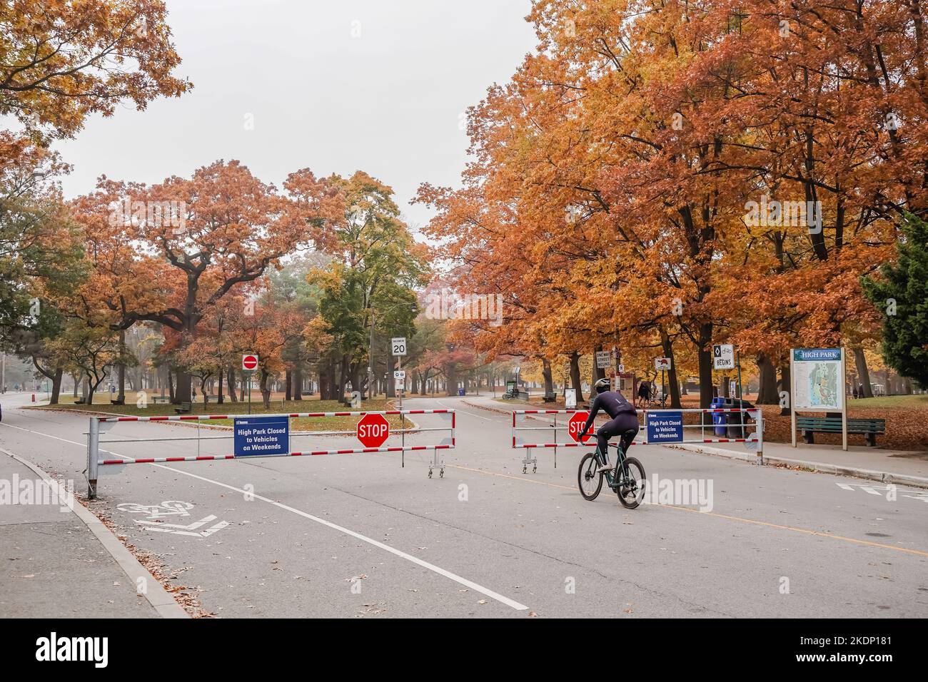 A cyclist entering High park during the weekend fall season Toronto Canada Stock Photo
