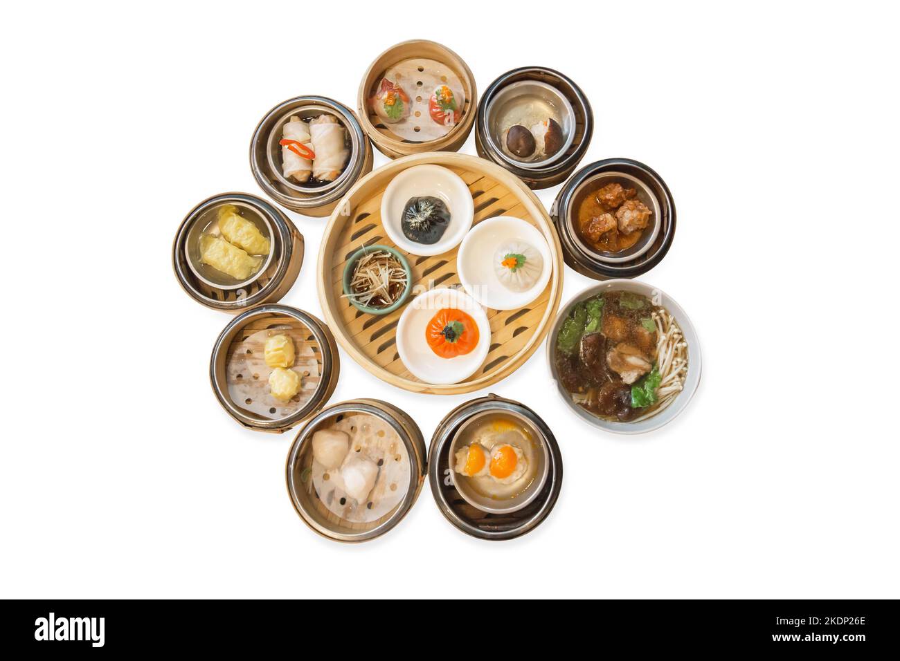Die cut of Dumplings, Xiao long bao and big set dim sum on white isolated. Stock Photo