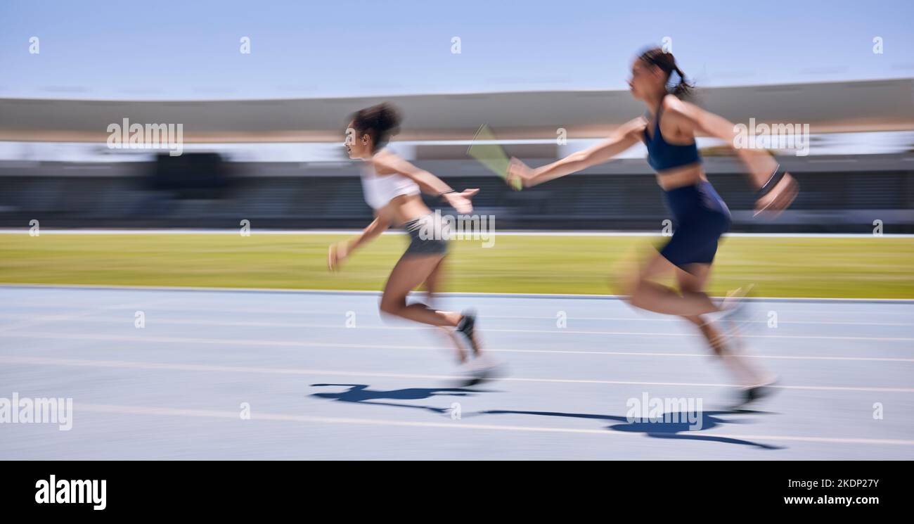 Relay race, running and sports women at a stadium for training, energy