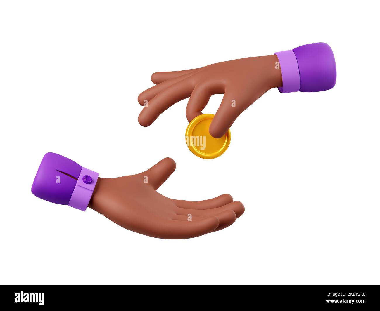 3D African American hands giving and taking golden coin isolated on white background. Illustration of character making charity donation, paying for service giving tips, receiving payment in cash Stock Photo