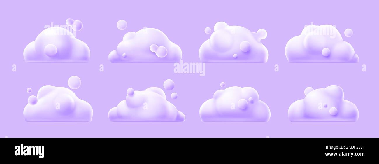 3d render white clouds, cute fluffy spindrift rounded cumulus eddies. Flying weather and nature design elements balloons isolated on background, vector illustration in cartoon plastic style icons Stock Vector
