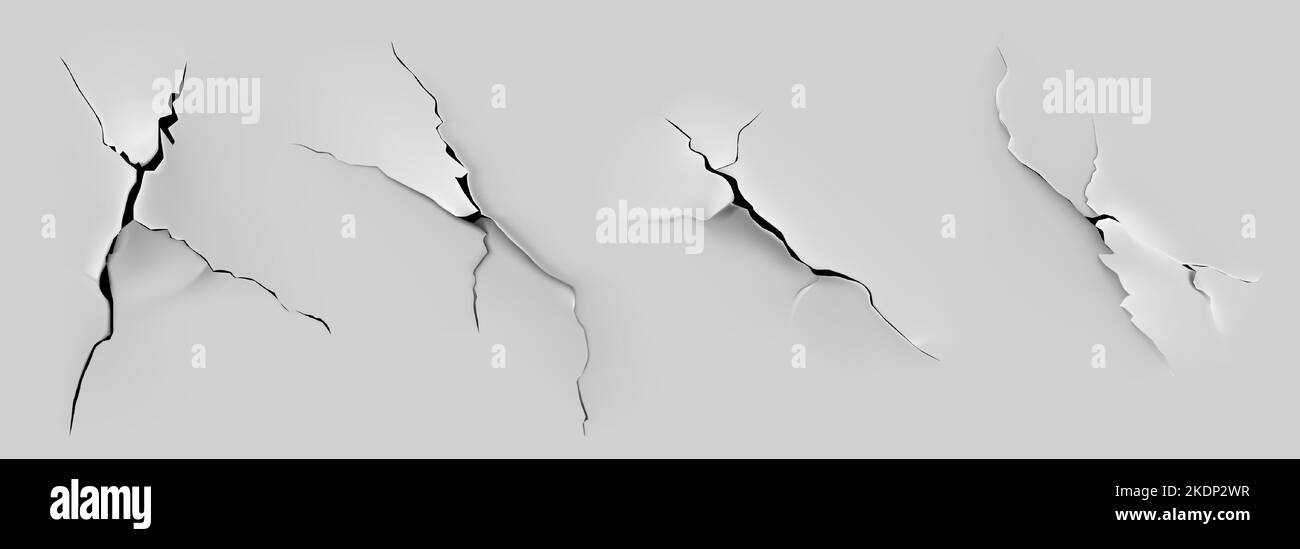 Crack of paint or paper isolated on gray background. Closeup view of badly fixed building facade wall covered with gaps in stucco with flappy peeling edges Realistic 3d vector illustration Stock Vector