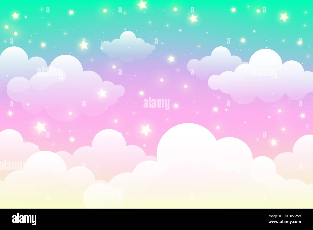 Holographic fantasy rainbow unicorn background with clouds and bubbles. Pastel color sky. Magical landscape, abstract fabulous pattern. Cute candy Stock Vector
