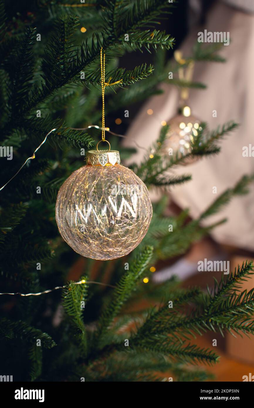 Decorated Christmas tree with balls and garland. Front view. Vertical ...